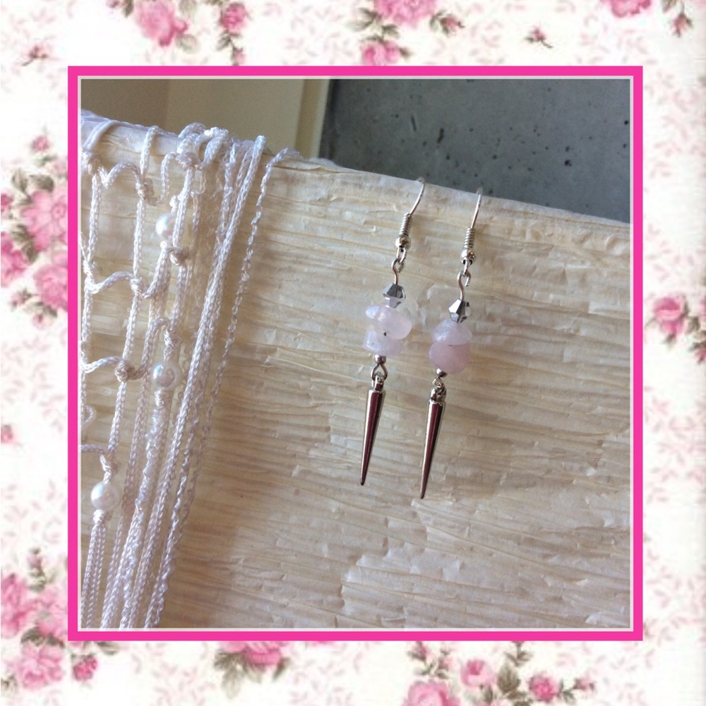 🌸 ROSE QUARTZ DANGLE SPIKE EARRINGS BOHO CHIC LOVE